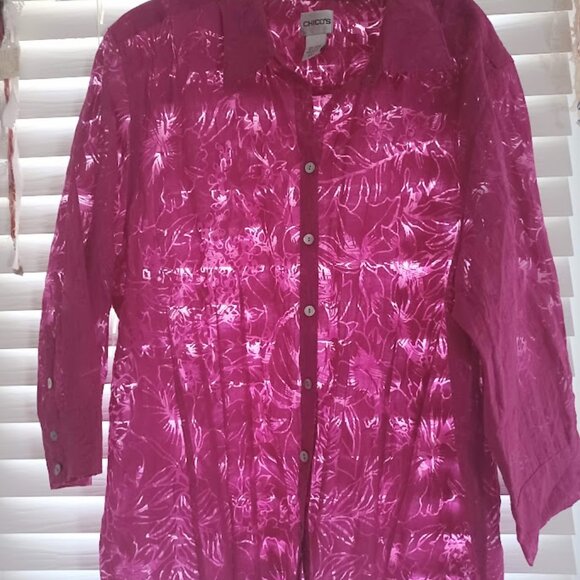Chico’s Size XL Button Front Blouse Magenta Floral Burnout 3/4 Sleeve Top - Picture 4 of 6